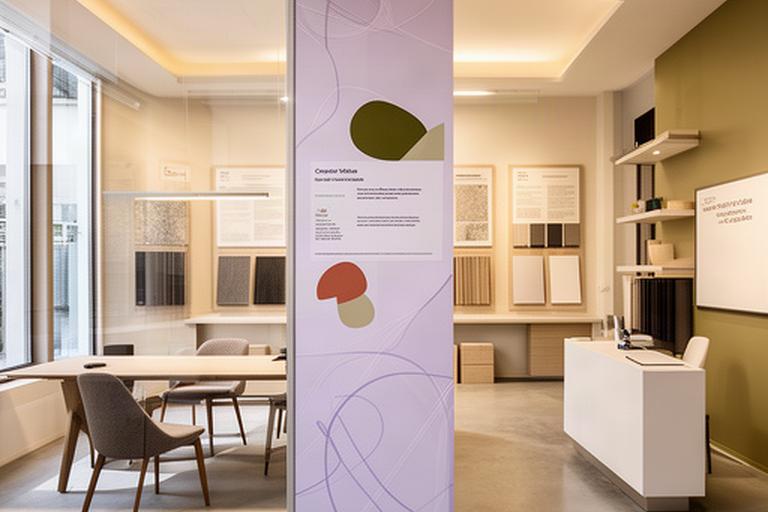 Showroom ligure con parete divisoria decorata, valori aziendali e pannelli informativi