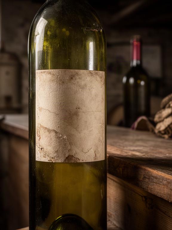 Vecchia etichetta di vino ligure applicata su una bottiglia in vetro accanto a un banco di legno